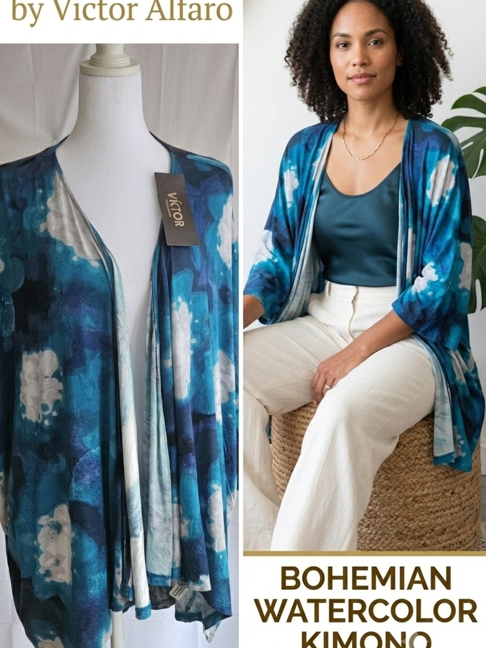 ​Victor Alfaro NWT Blue Watercolor Kimono Cardigan L